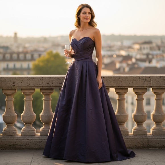 David’s Bridal Plum Rushed Strapless Gown - Picture 1 of 16